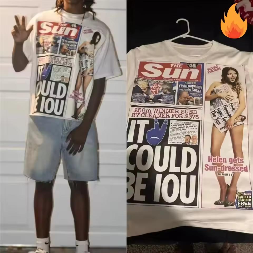 summer Retro News Block Collage Print White T-shirt Multi Text Graphic Loose Oversized Short Sleeve Y2K Tees