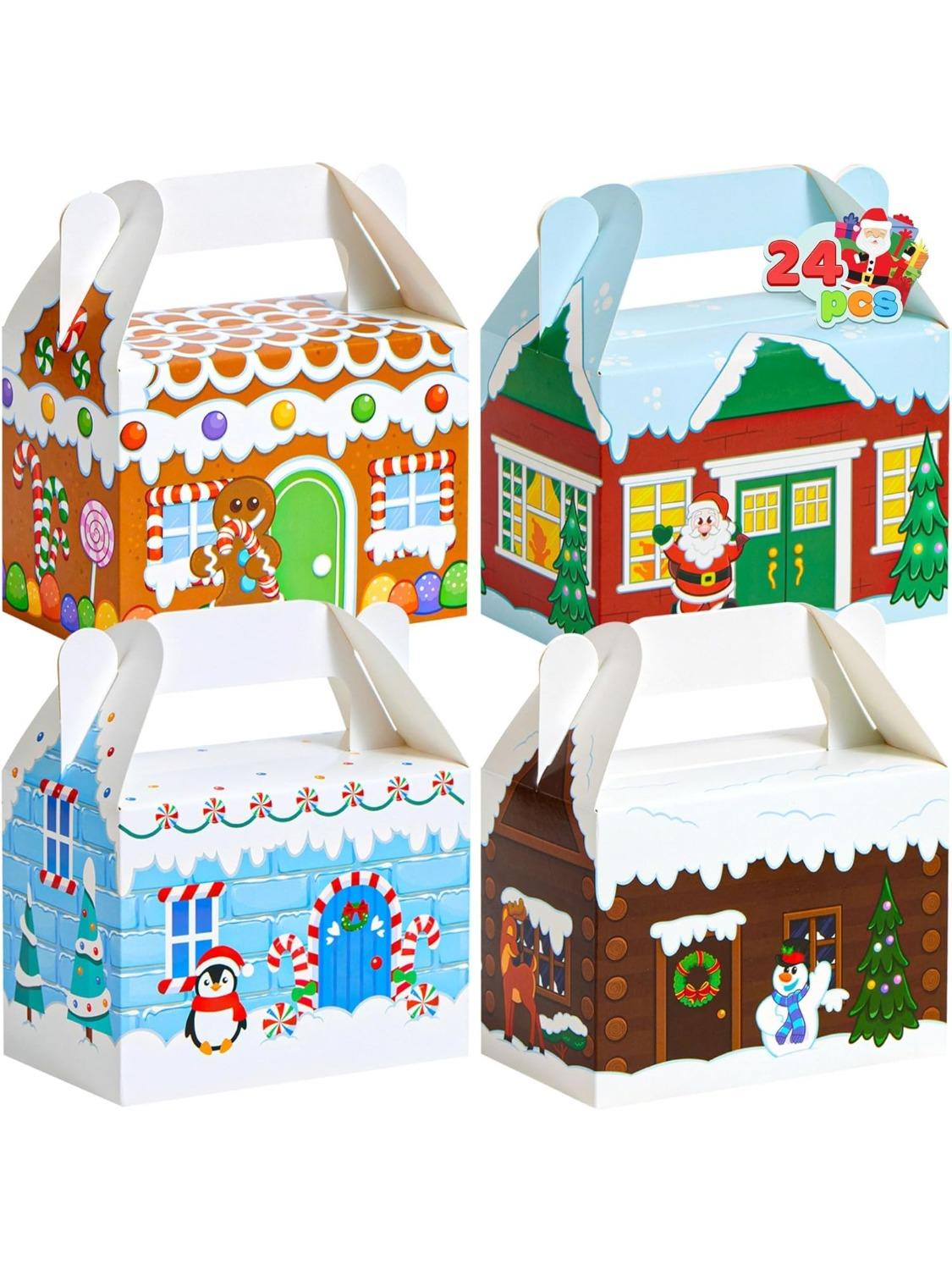 24 Stuks 3D Kersthuis Kartonnen Traktatiedozen 15x9x15 cm Feest Koekjes Cadeaudozen 4 Ontwerpen Feestbedankjes 6x3.5x6