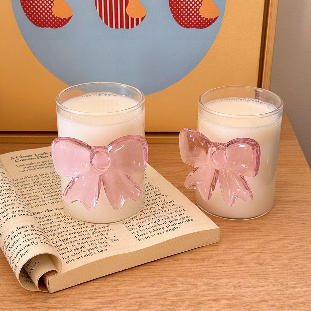 Pink Bow Transparent Glass Milk Coffee Juice Glass High Borosilicate Heat-Resistant Glass Dessert Yogurt Bowl with Bow Handle