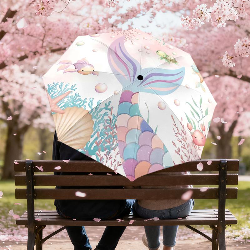 1PC Mermaid Tail Ocean Life Umbrella-8-Rib Reinforced Portable Folding Travel Suitable for All Seasons Outdoor Daily Use-Z0477