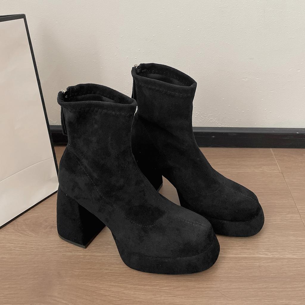 Black British Heightened Thick High-heeled Martin Boots Women's 2025 New Autumn Retro Versatile and Thin Short Boots