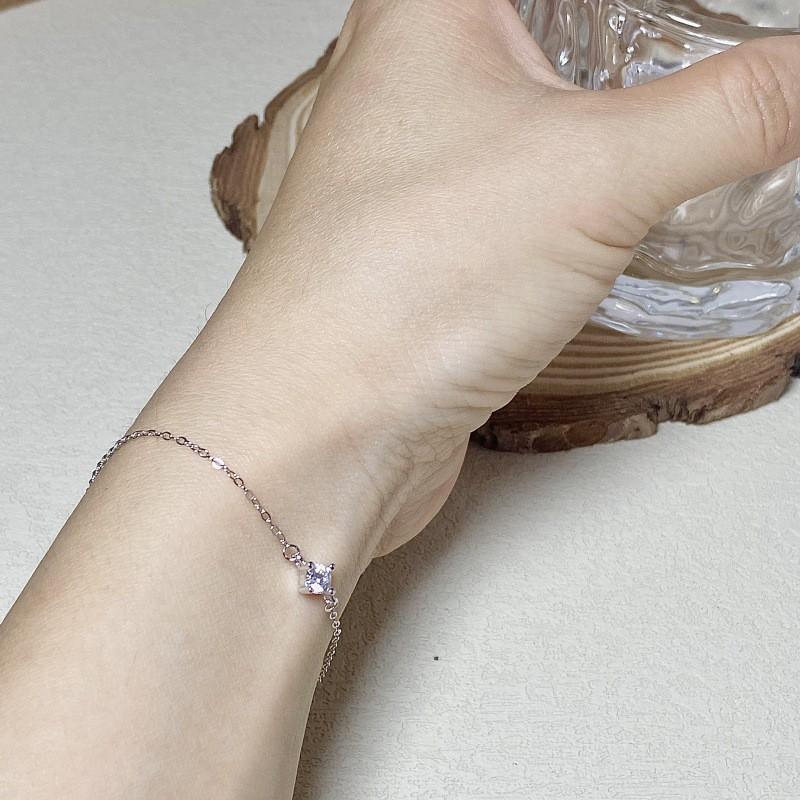 Sterling Thin Chain Bracelet With 14K Gold Plated CZ Stone Geometric Rhombus Design Daily Wear Layering