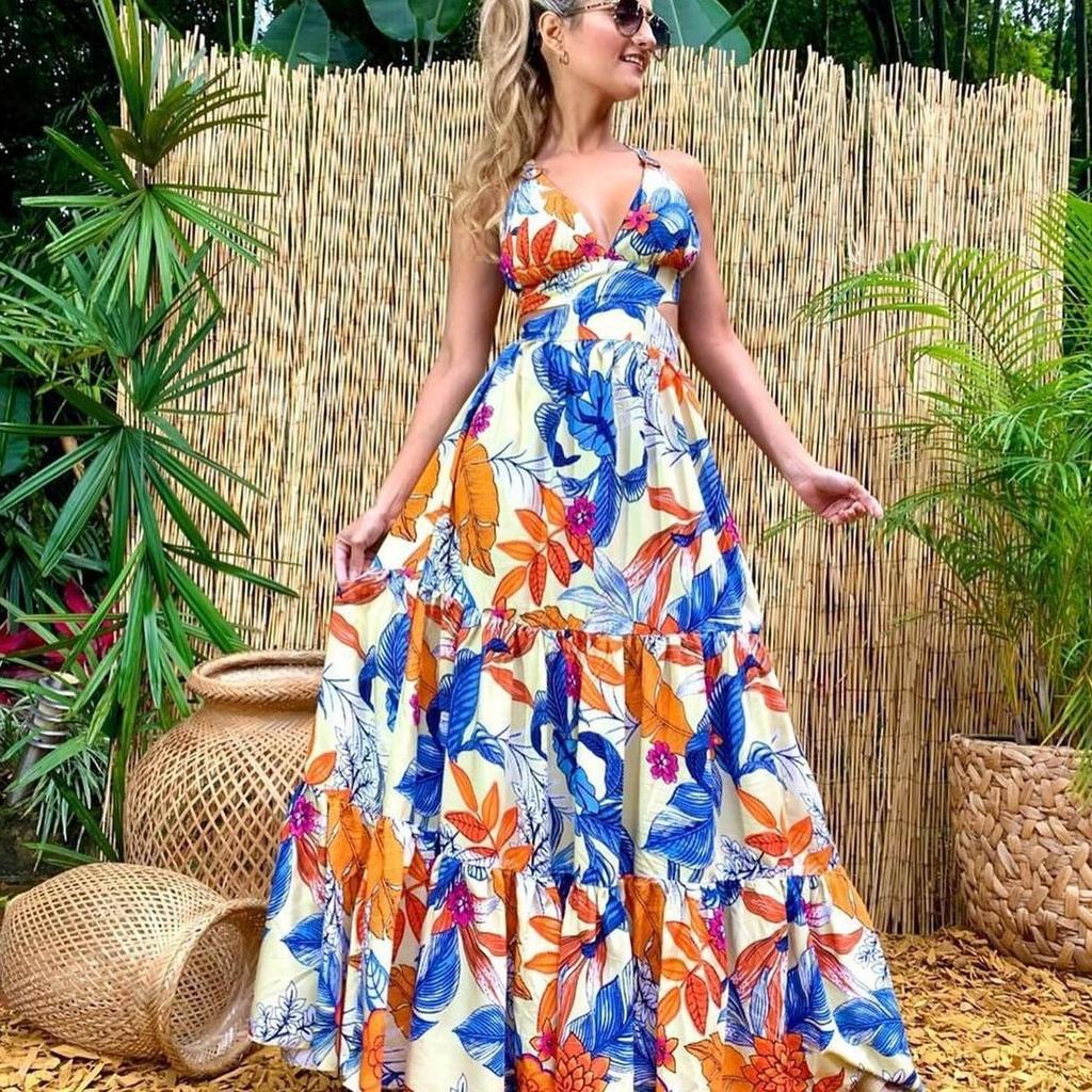 Spring And Summer New European And American Women'S Clothing Fashion Printed Sexy Dress, Suspender Deep V Sleeveless Backless Dress