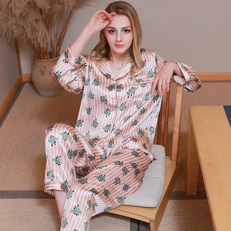 Silk Women's Pajamas Set 100% Mulberry Silk Spring and Autumn Long-sleeved Silk Women's Home Wear Pajamas