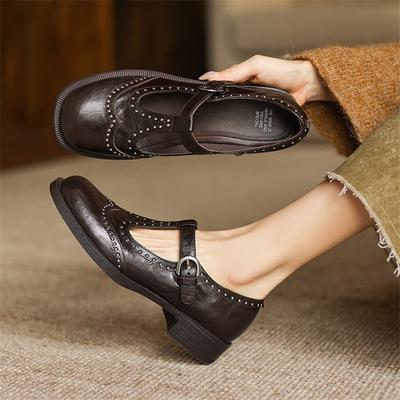 Fashion New Spring/summer Mary Jane Shoes Genuine Leather Shoes for Women Fashion Rivet Belt Buckle Round Toe Women Pumps Chunky Heels