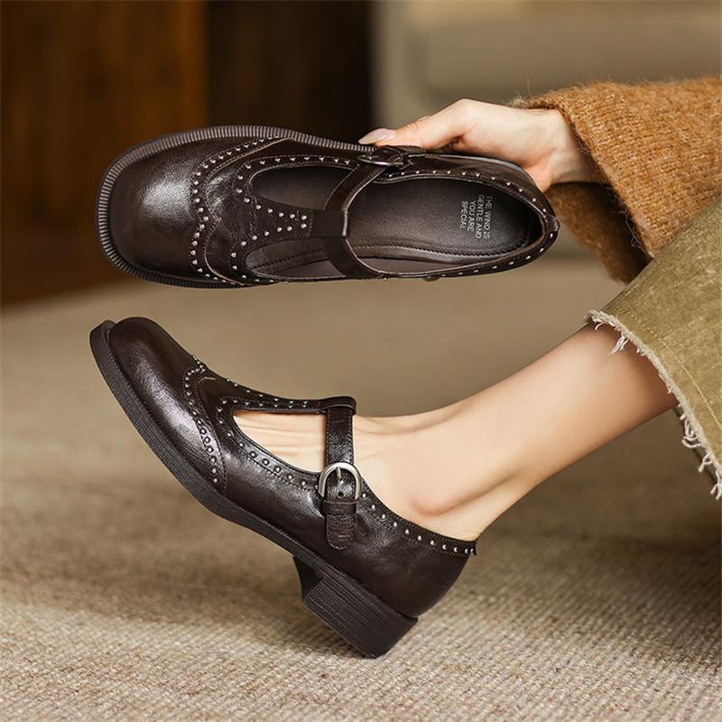 Mode Neue Frühling/Sommer Mary Jane Schuhe Echtleder Schuhe für Damen Mode Nieten Gürtelschnalle Runde Zehenpartie Damen Pumps Klobige Absätze