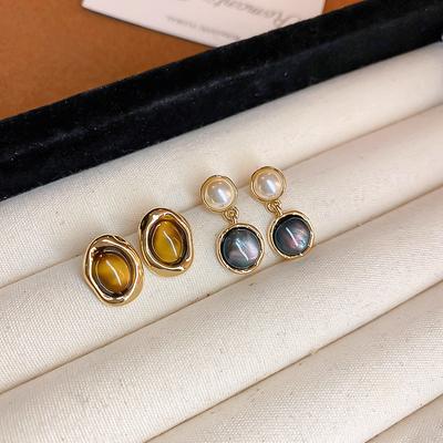 Maillard Oval Imitation Tiger's Eye Stone Silver Needle Earrings Real Gold Electroplating Temperament Earrings