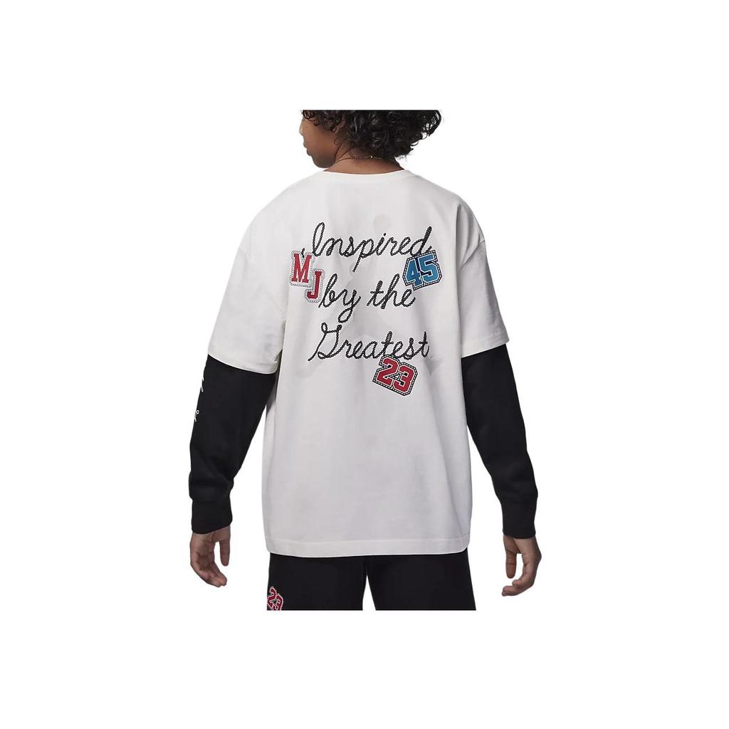 Jordan Stitch Patch Logo Round Neck Fake Two-Piece Long Sleeve Printed T-Shirt Kids Tops White HF2312-133