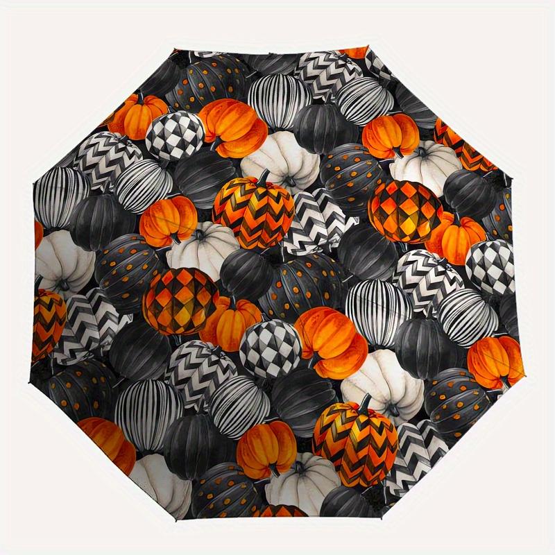 Pumpkin Pattern Halloween Automatic Folding Umbrella  Simple 8 Rib Design, Bright Cartoon Pattern, Durable Iron Frame, Suitable For Travel,