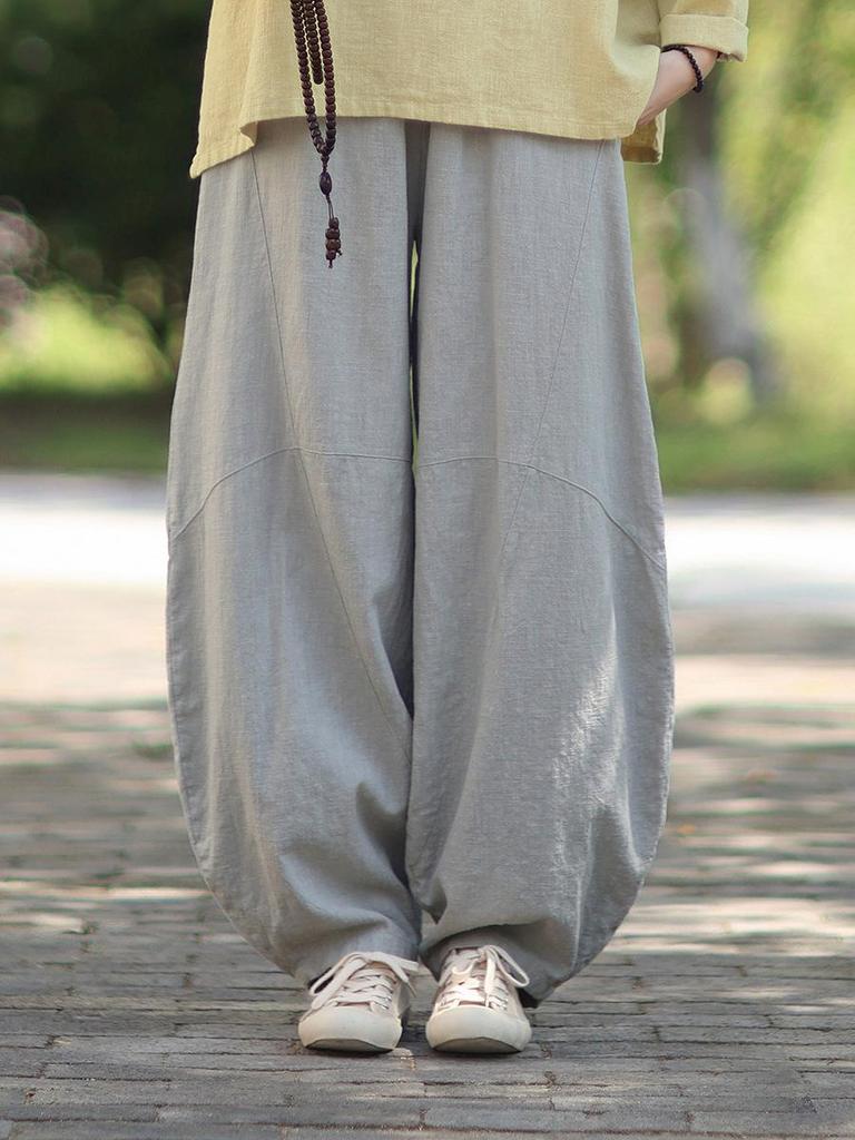 Women's Loose Casual Ramie Lantern Pants - Sand-Washed Distressed Cotton Linen Zen Tai Chi Pants