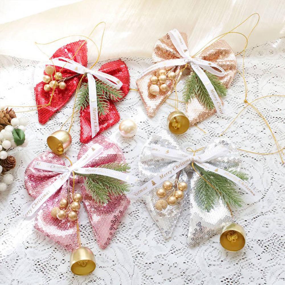 Christmas Tree Bell Pendant with Pearl Glitter Bow for Festive Decoration Car Hanging Ornament In Multiple Colors