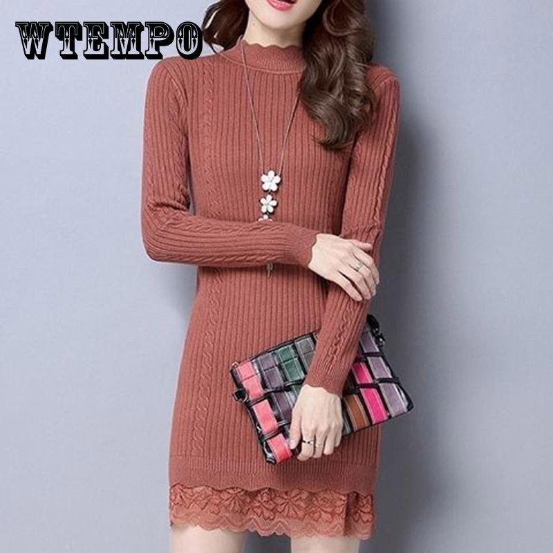 

Свитер средней длины, женский тонкий, с кружевом до середины шеи, теплый внутри, в свитере снаружи