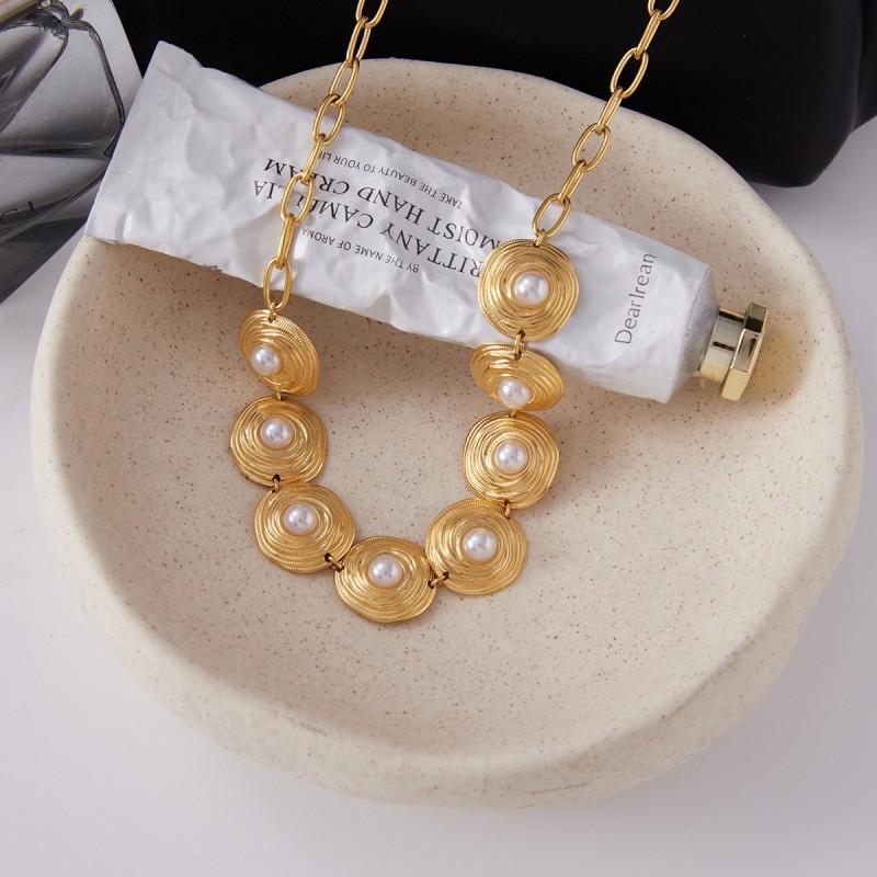 Womens Titanium Steel Pearl Jewelry Set Clover Bracelet Clavicle Necklace Fashion