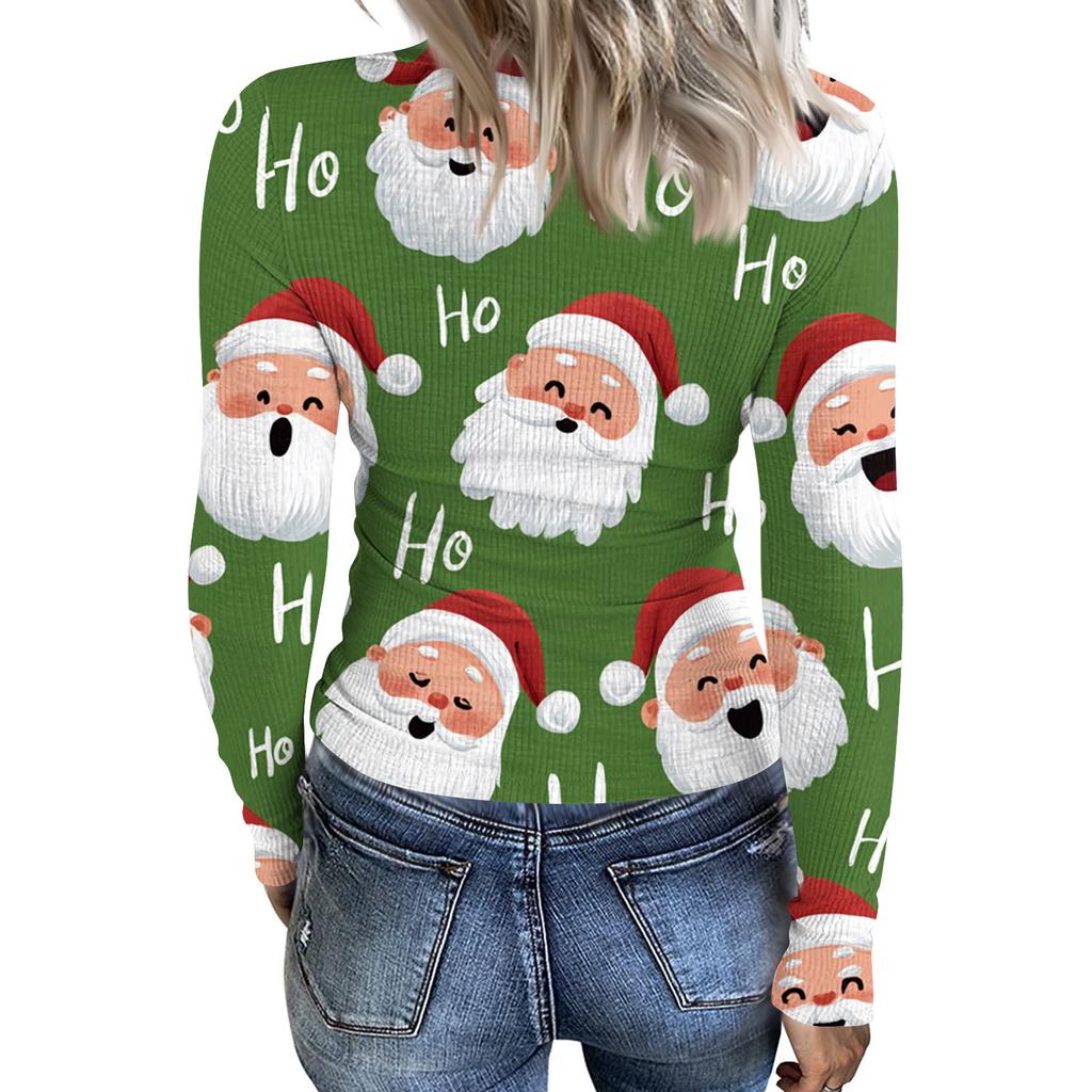 Women's Fashion Slim-Fit Round Neck Base Layer T-Shirt Christmas Print Long-Sleeved Top