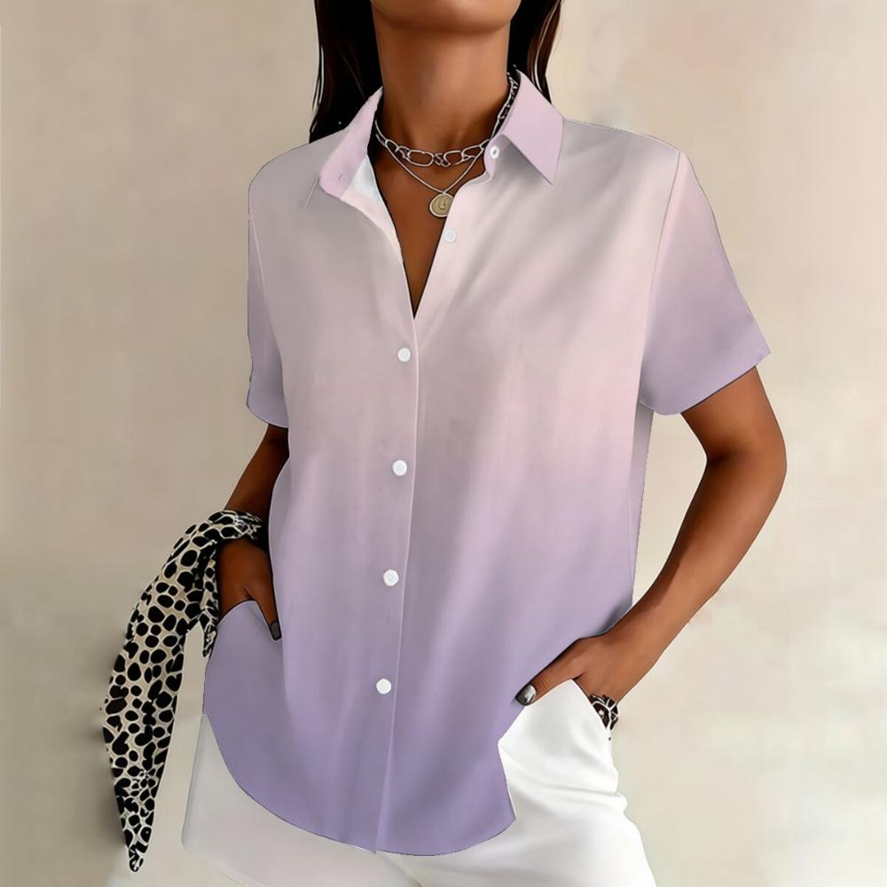 Simple and personalized gradient color printed summer women s plus size lapel short sleeved shirt fashionable versatile top XL
