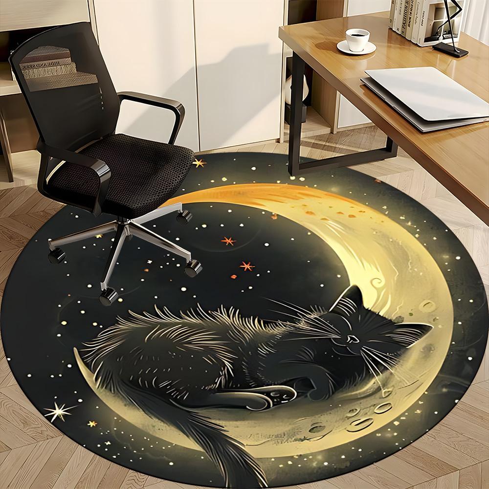 1PC Moon Cat Office Round Area Rug, Mat Suitable For Office, Under Office Chairs Bedroom Living Room Home Decor, Room Deco