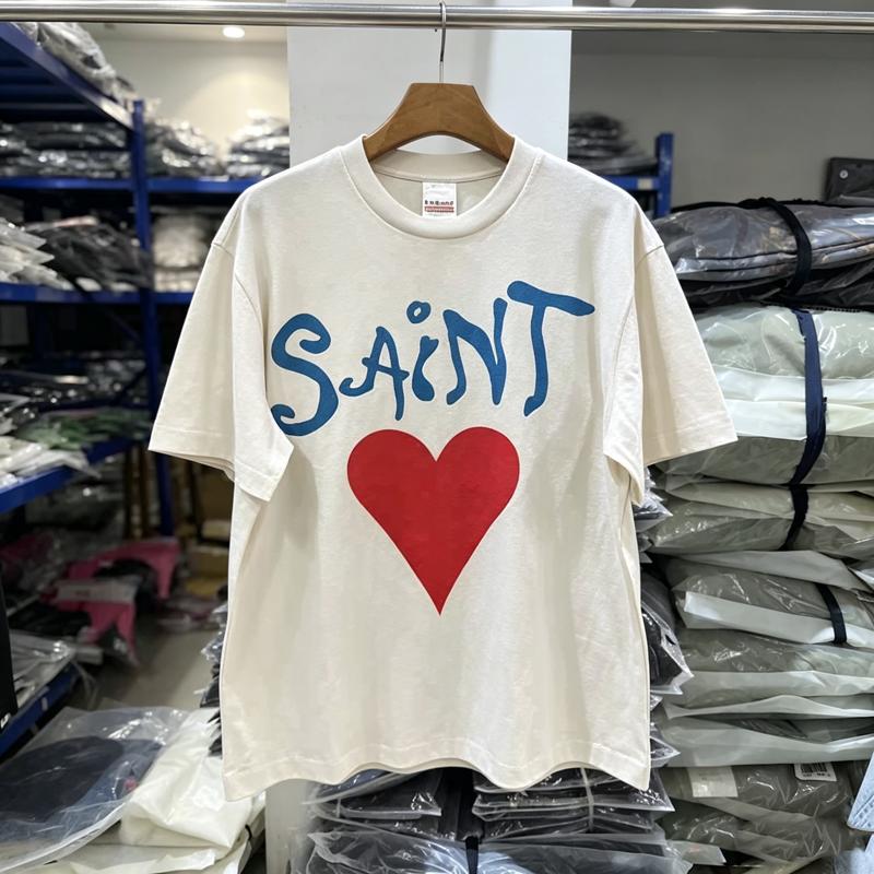 Big Red Heart Print Label T Shirt Mud White Unisex Women Vintage Washed SAINT Short Sleeve Loose Cotton Tops Tee