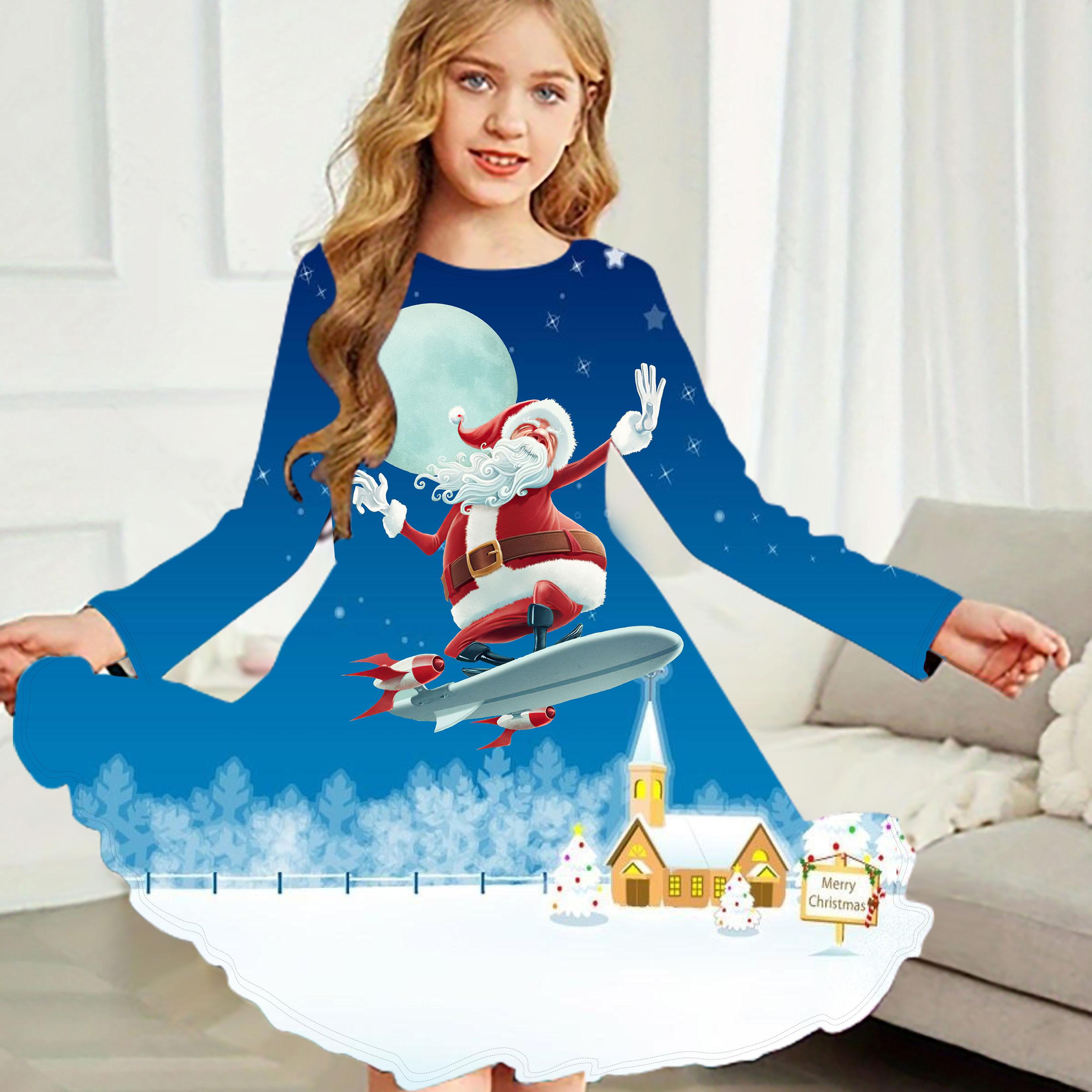 

Повседневное платье для девочек с принтом Санта-Клауса и круглым вырезом, с длинными рукавами, детское платье принцессы 180 светло-синий