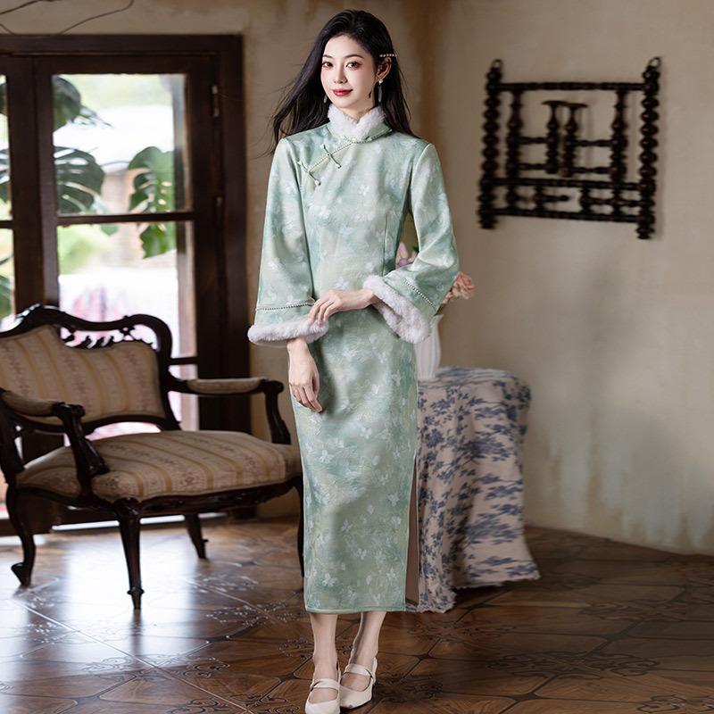 Green velvet winter clothing national style new Chinese long-sleeved cheongsam winter thick improved young women s high sense S