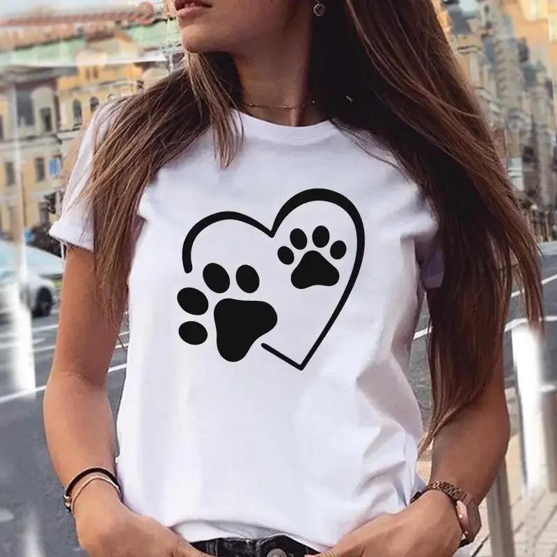 Women T-shirts Love Trend Style Dog Paw Cartoon Animal Pet Summer Graphic Print Female Stylish T Top Shirt Girl Tee T-Shirt