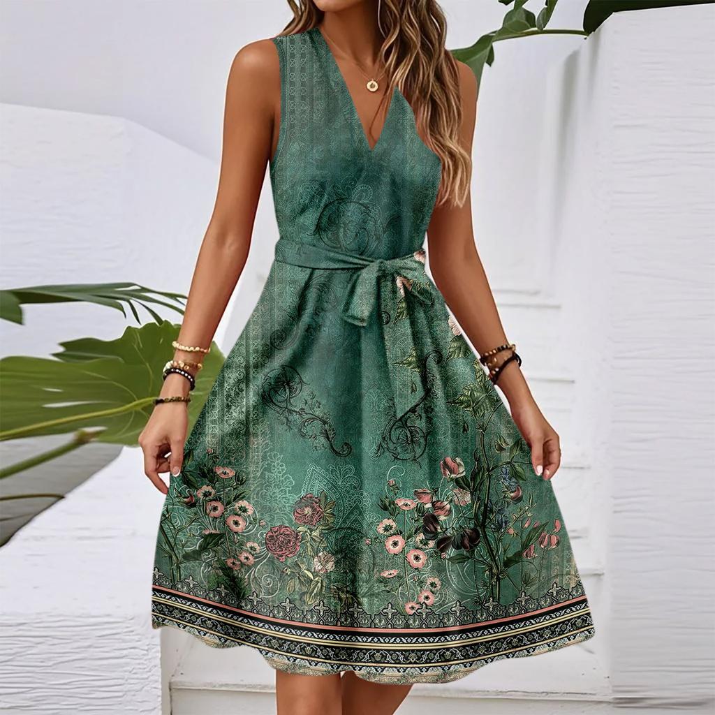 Damen Frühling Und Sommer Lässiges V-Ausschnitt Ärmellos Tailliertes Vintage Bedrucktes Midi-Kleid
