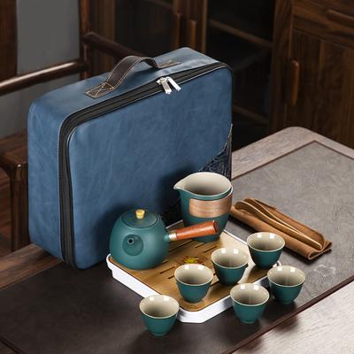 Black Pottery Tea Set Gifts for Customers, Practical Ceramic Six Cups, Side Handle Pot, Portable Kung Fu Travel Set