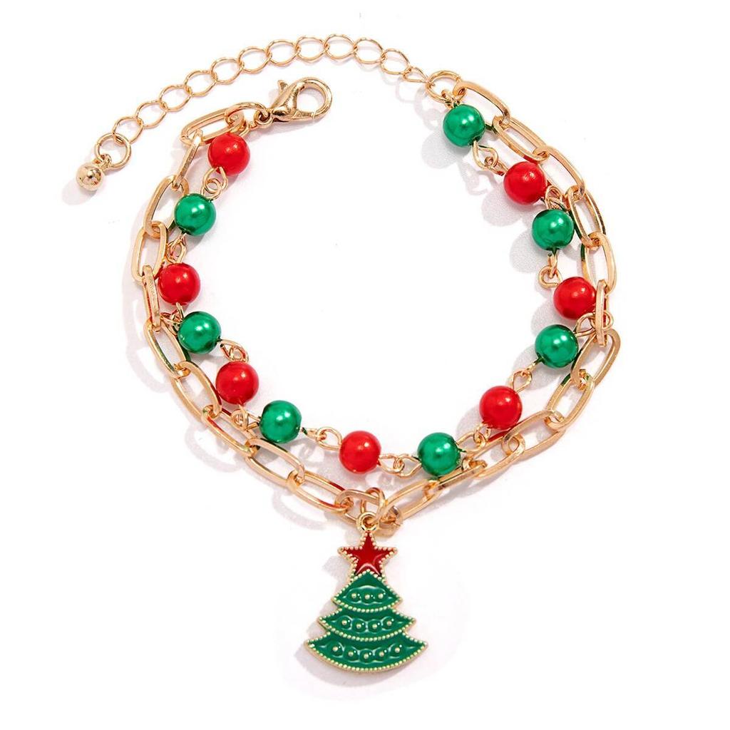 Salircon 2 Pcs/set Cute Christmas Tree Pendant Bracelet Women Trendy Red Green CCB Beads Metal Chain Bangles Couple Jewelry Gift