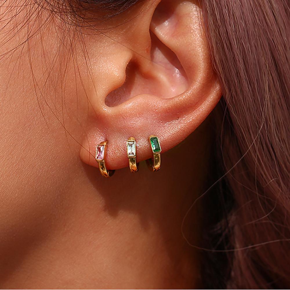 E.B.belle Dainty Cute Girl's Mini Size Hoop Earrings Square Shape 3A Zircon Stone Gold PLated Stainless Steel Huggies Earring