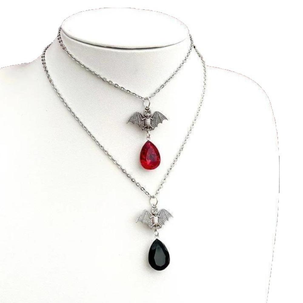 Goth Hip Hop Sliver Color Vampire Bat Red Blood Drop Pendant Stainless Steel Necklace for Women Halloween Demon Slayer Jewelry