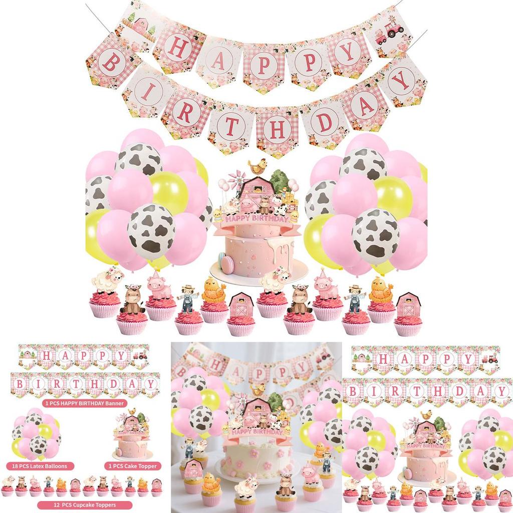 Farm Animal Birthday Party Banner And Balloon Decor Set With Paper Flags For Kids Celebration
