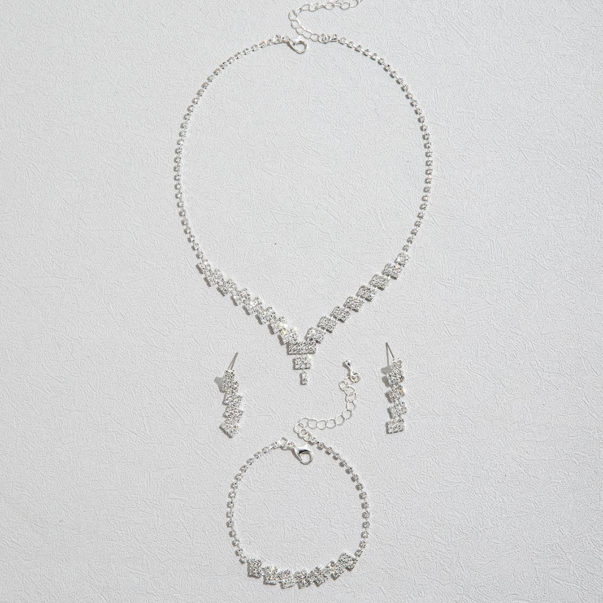 

Новое элегантное женское ожерелье, серьги ручной работы, свадебные украшения, комплект из трех предметов, изысканные свадебные аксессуары 37CM серебряный