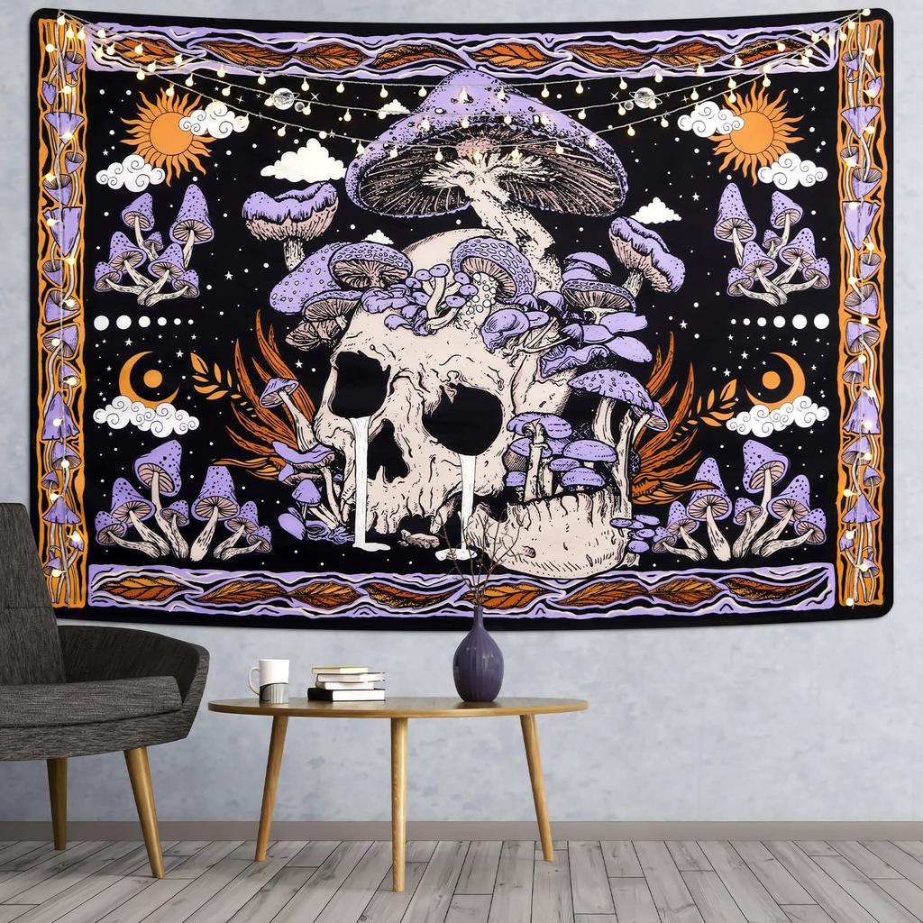 VIKAMA Arazzo Bohemian Vintage Teschio Fungo Soggiorno Camera da Letto Misterioso Curativo Atmosfera Stile Instagram Sfondo