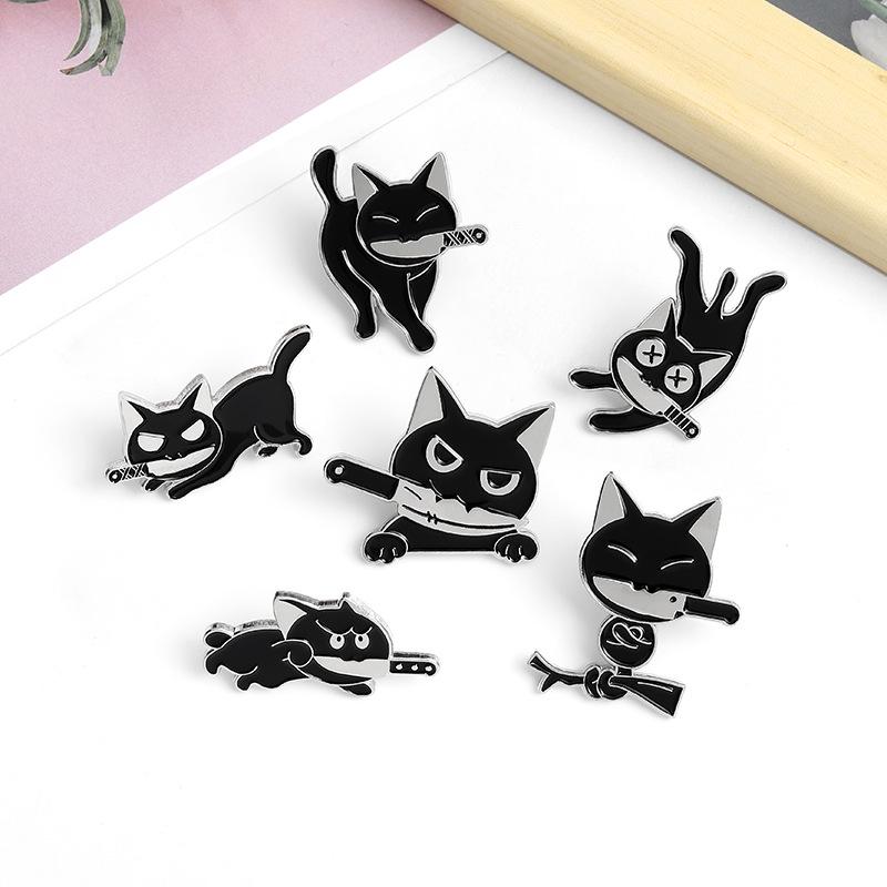 Playful Black Cat Brooch with Knife Design – Unique Animal Accessory