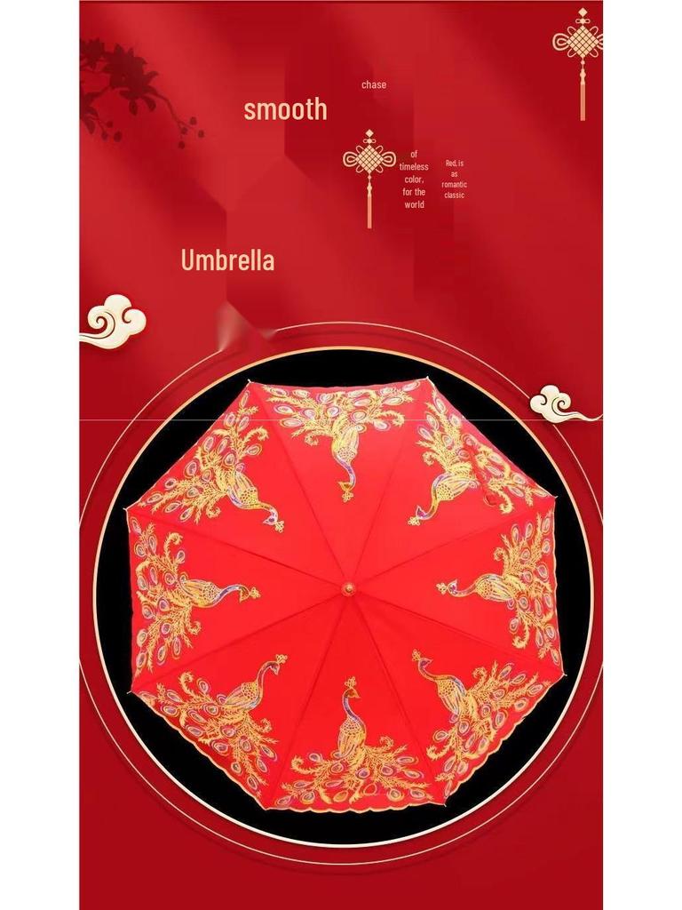Eleganter roter Brautschirm mit gestickter Spitzkante und langem Griff für Hochzeiten