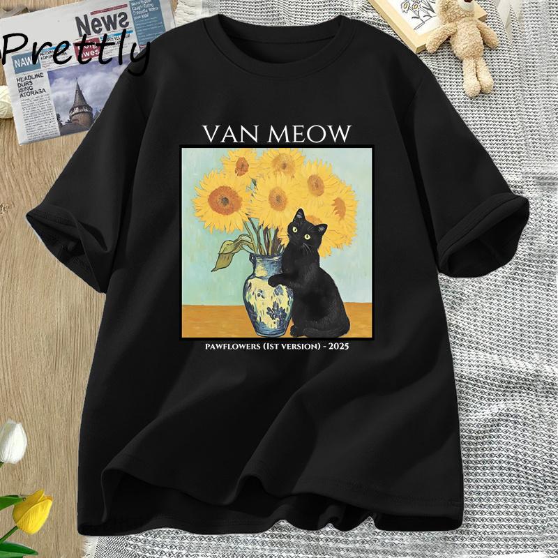 Van Gogh Van Meow Cat Tshirt Funny Unisex Women Cats Lovers T Shirt Street Clothing Graphic Tees Womens Shortsleeved Tshirt