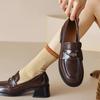 Women's 2025 Vintage Brown Preppy Loafers - Slip-On Coin Round Toe Leather Shoes with Kitten Heel