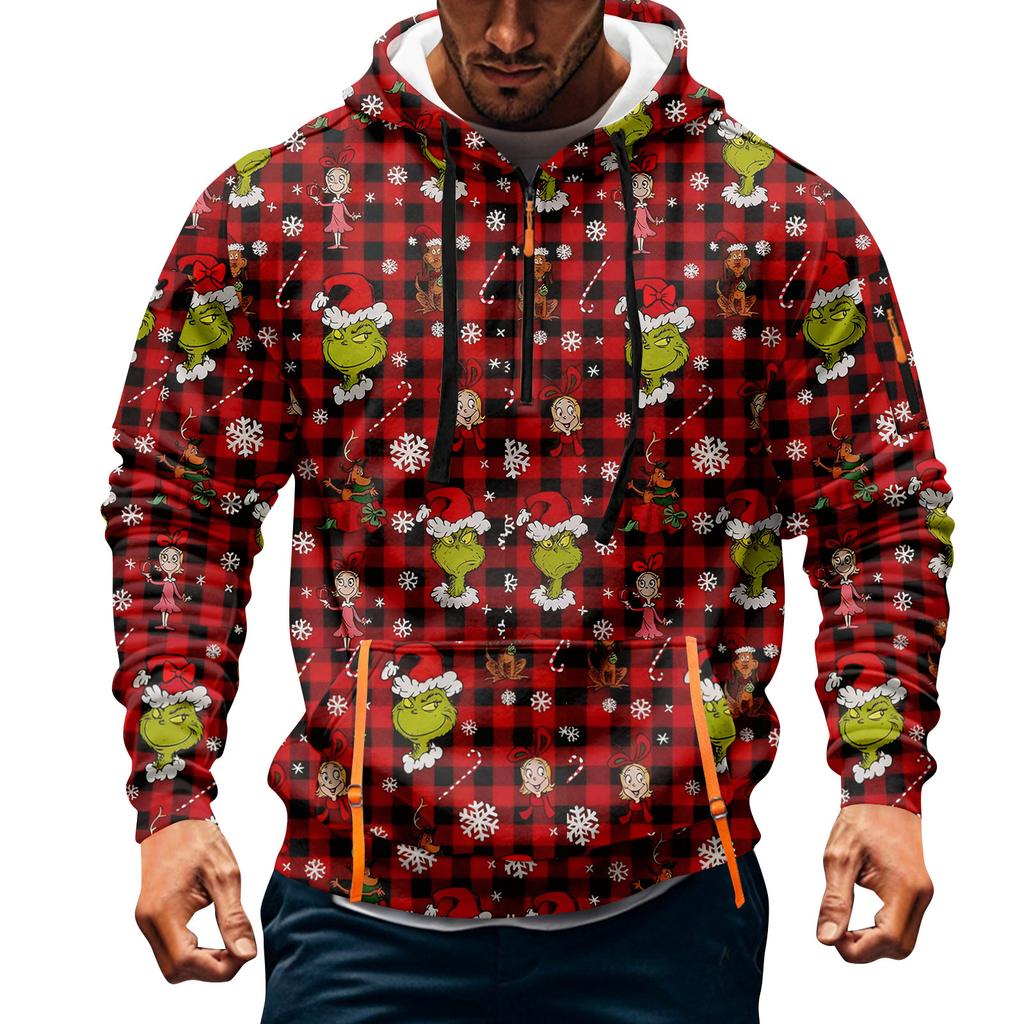 Men's Christmas Print Hooded Half-Zip Casual Sports Sweatshirt
