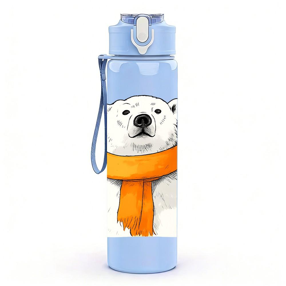 1PC Scarf Polar Bear Cartoon 750ml Color Plastic Sports Water Bottle Leakproof Flip Straw Lid Suitable for Sports Office Home Use