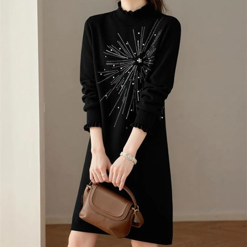 

Платье для женщины Хлопок Зима Тепло Круглый вырез Длинный рукав Винтаж Повседневный С принтом Длинные Трикотажные платья-свитера стрейч 5XL