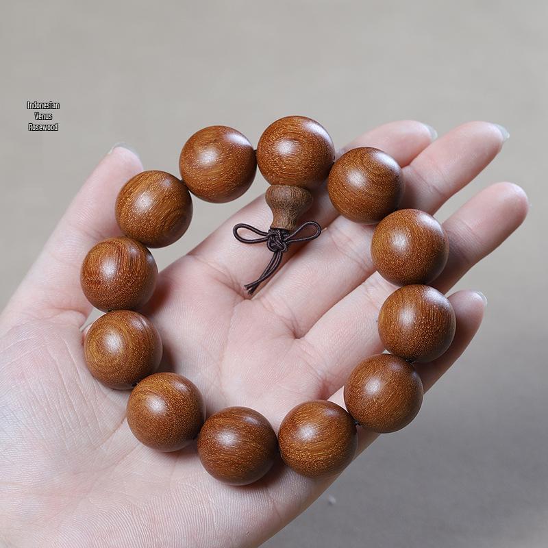 Men's Small-Leaf Red Sandalwood & Green Sandalwood Bracelet with Yellow Rosewood and Ebony Buddhist Beads 2.0".