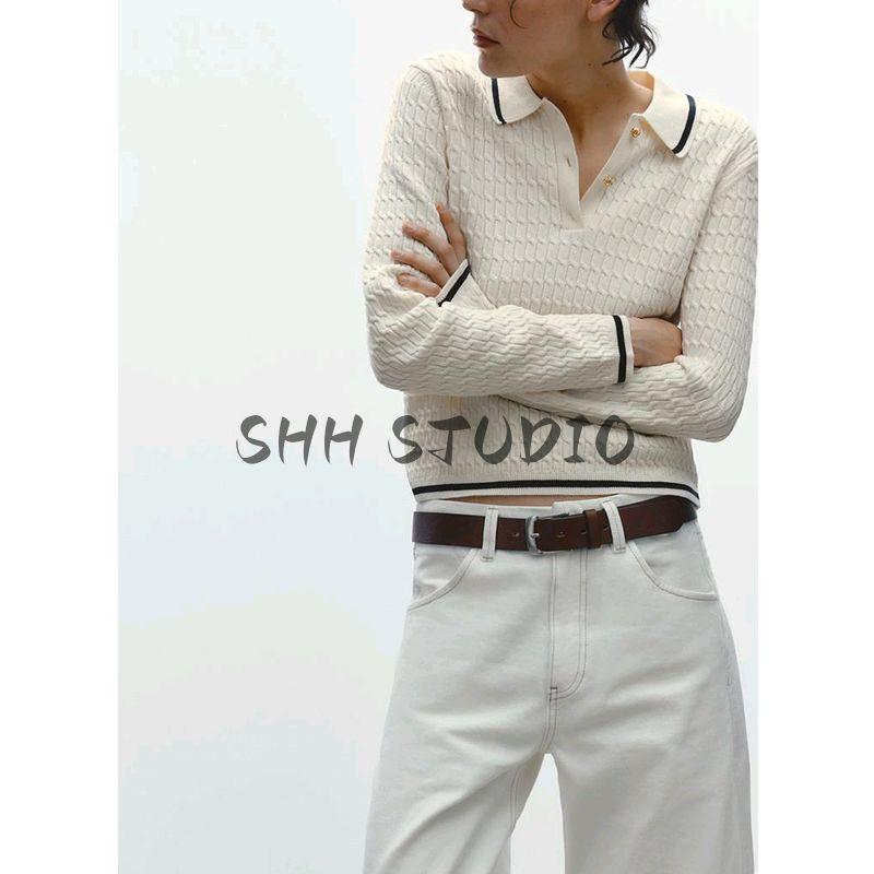 Spring New Women's Clothing Preppy Style Contrast Color Trim Minimalist Long Sleeve Polo Shirt Collar Sweater 6771055