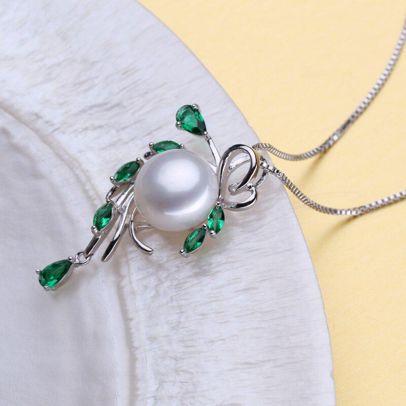 LSOOYH Green Crystal Freshwater Pearl Long Earrings Jewelry Sets Cubic Zirconia Leaf Necklace