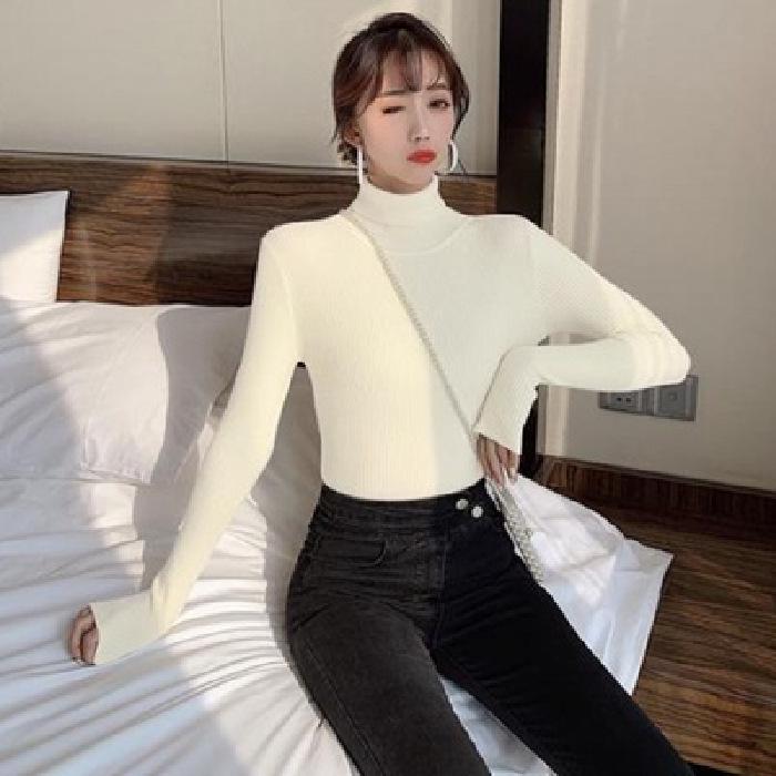 2024 Damenmode Slim Fit Einfarbig Rollkragen Strickpullover