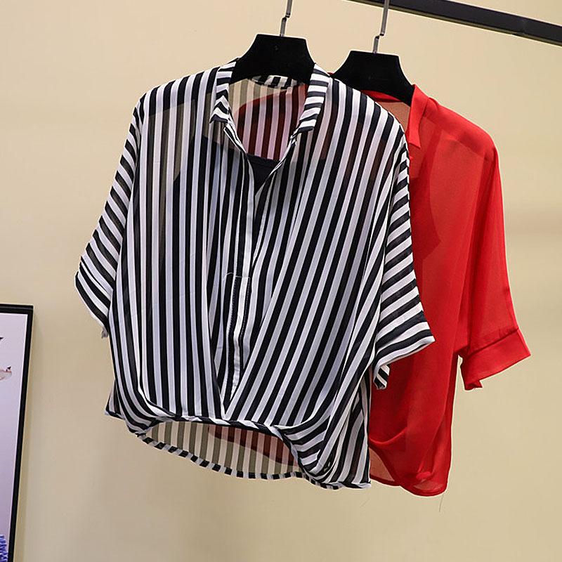 Summer Women's Chiffon Shirt Stripes Thin Irregular Sets of Blouses Two-piece Bat Sleeve Ladies Tops