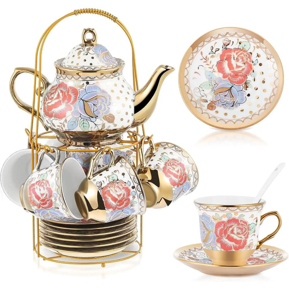 20 Pcs Porcelain Tea Set with Metal Holder and Spoon Adult Ceramic Tea Party Set European Flower Painting Teapot Cup Saucer