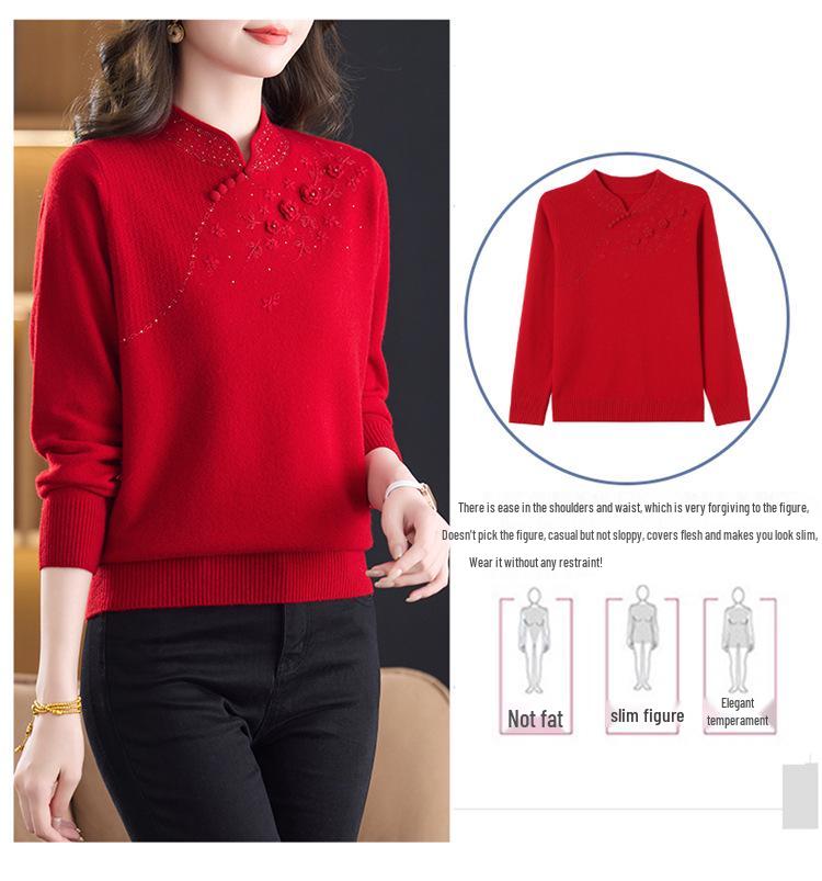 Mom's Stylish 100% Wool Winter Sweater - Elegant Chinese Design for Middle-Aged and Elderly Women
