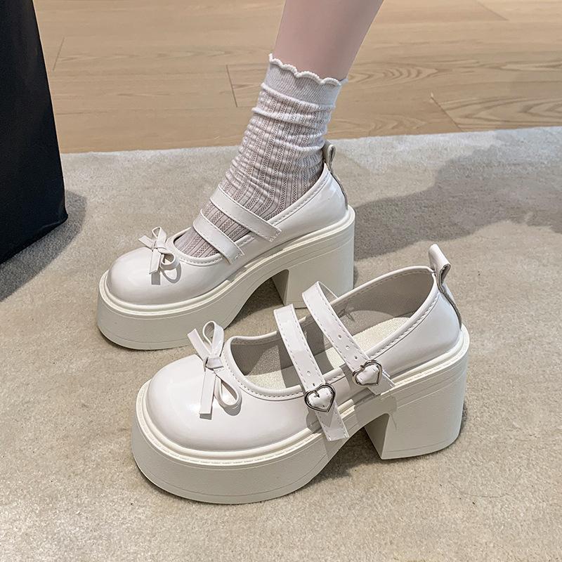 Japanese Jk Heightening French Versatile Small Leather Shoes 2025 Summer New Women's Bow Thick High-heeled Mary Jane Single Shoes