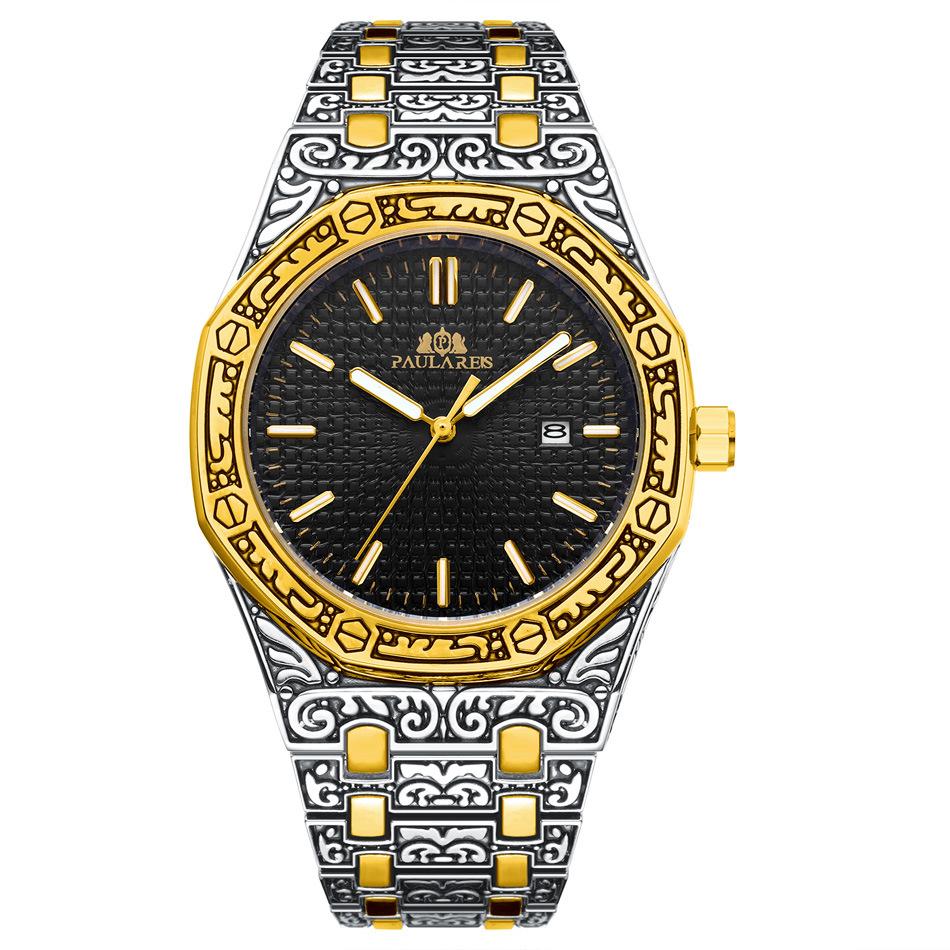 Paulareis Quartz Carved Oak Calendar Men's Luminous Watch