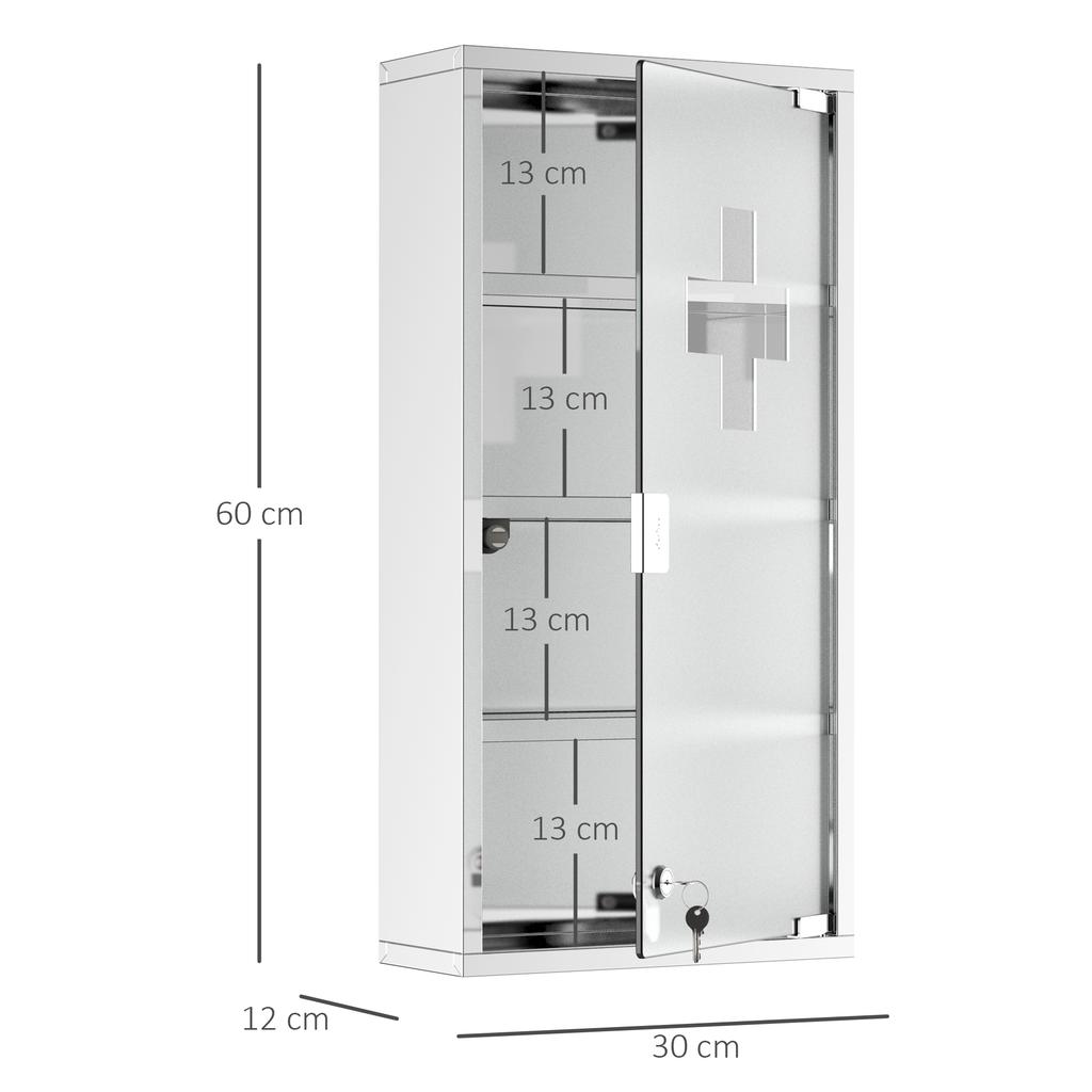 Armadietto Portapillole da Parete a 4 Ripiani in Acciaio Inossidabile con Porta in Vetro Serrabile Scaffali portaoggetti Articoli per la Casa Arredamento Bagno 60A x 30L x 12P(centimetro) con 2 Chiavi