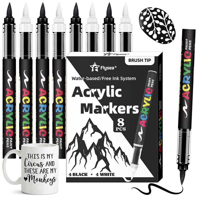 8Pcs Black And White Acrylic Paint Markers, Large Ink Capacity Marker, Ideal For Illustration Sketching/Wood/Rock Painting